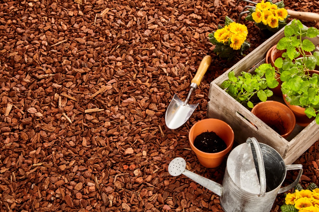 A gorgeous bed of red mulch with gardening tools and pots.